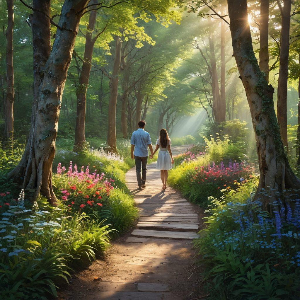 A serene pathway winding through a lush forest, symbolizing the journey from infatuation to deep emotional connection. Along the path, vibrant flowers bloom representing the stages of love, while soft sunlight filters through the trees creating a warm atmosphere. A couple walks hand-in-hand, sharing a gentle gaze, illustrating intimacy and trust. The scene conveys a sense of peace and growth. super-realistic. vibrant colors. dreamy atmosphere.